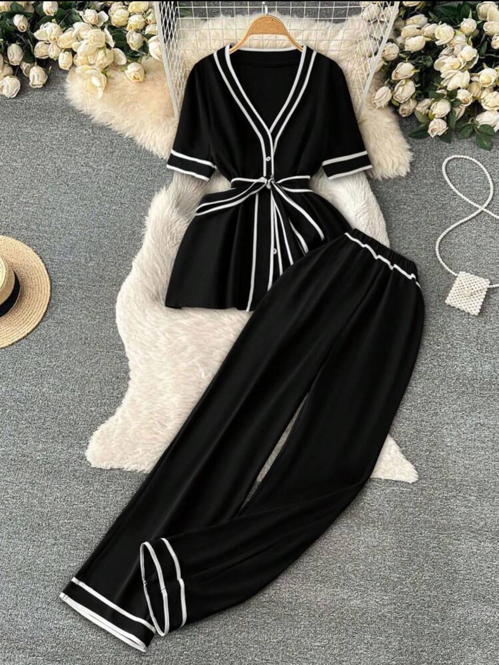 NWOT: Black Two-Piece Wide-Leg Pants Set with Contrast Trim